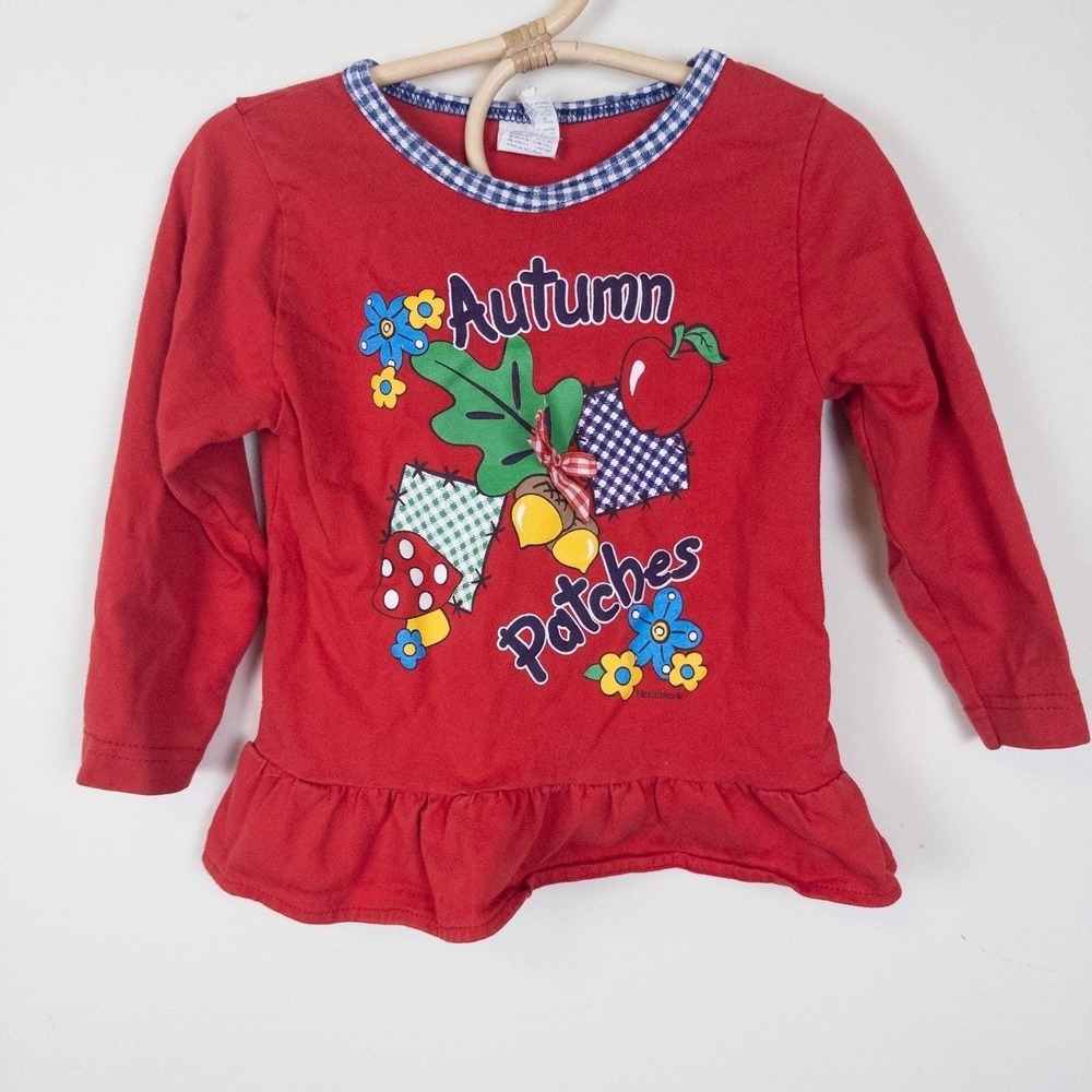 Vintage 90s Healthex Autumn Patches Print Leaf Fall Long Sleeve Shirt Red Sz‎ 3T